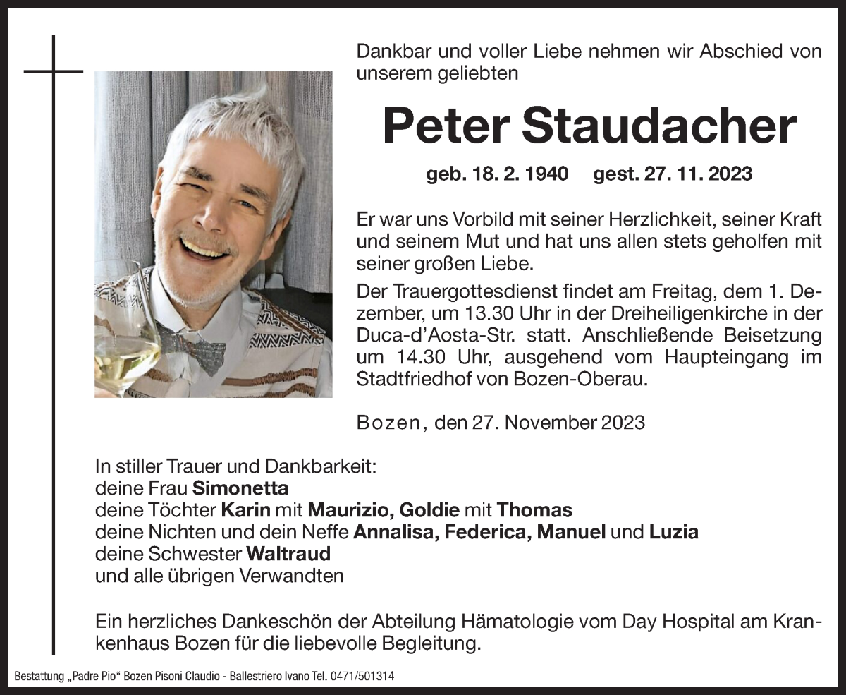  Traueranzeige für Peter Staudacher vom 30.11.2023 aus Dolomiten