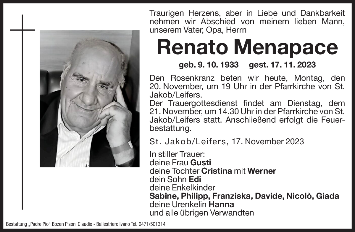  Traueranzeige für Renato Menapace vom 20.11.2023 aus Dolomiten