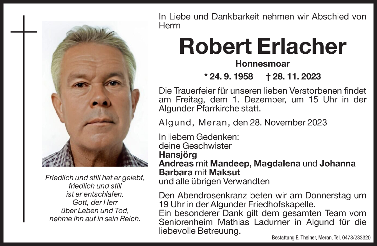  Traueranzeige für Robert Erlacher vom 30.11.2023 aus Dolomiten