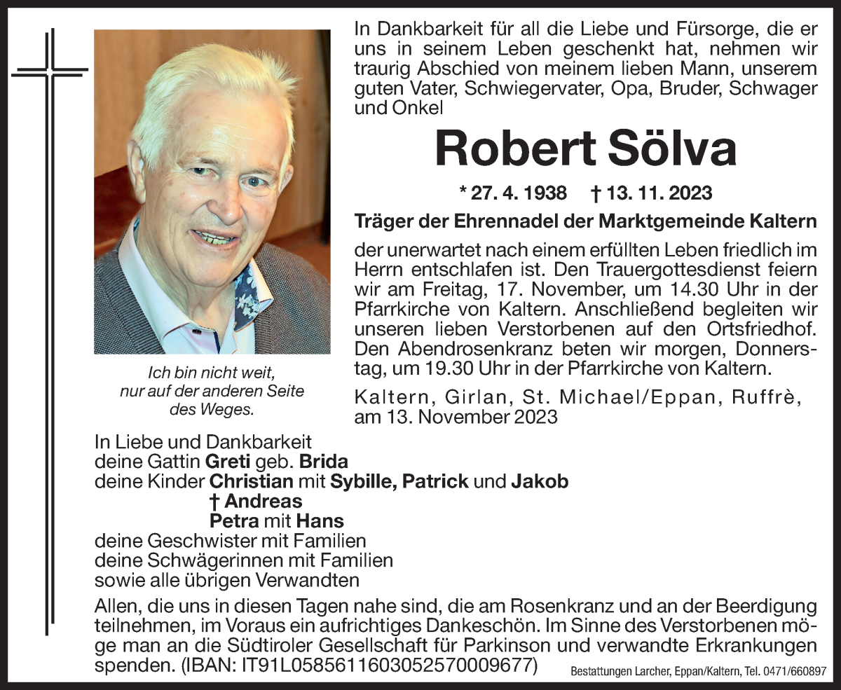  Traueranzeige für Robert Sölva vom 15.11.2023 aus Dolomiten
