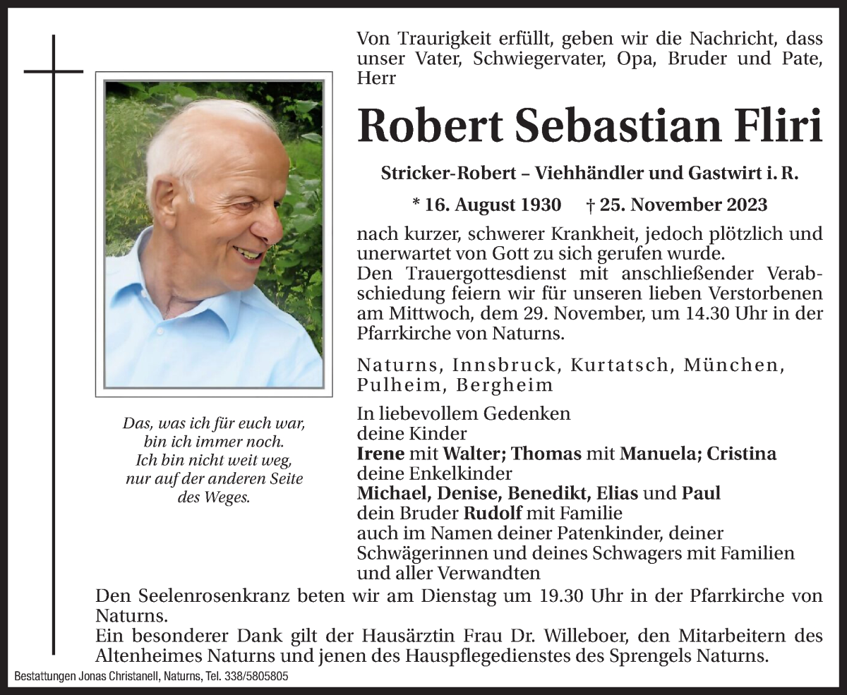  Traueranzeige für Robert Sebastian Fliri vom 27.11.2023 aus Dolomiten