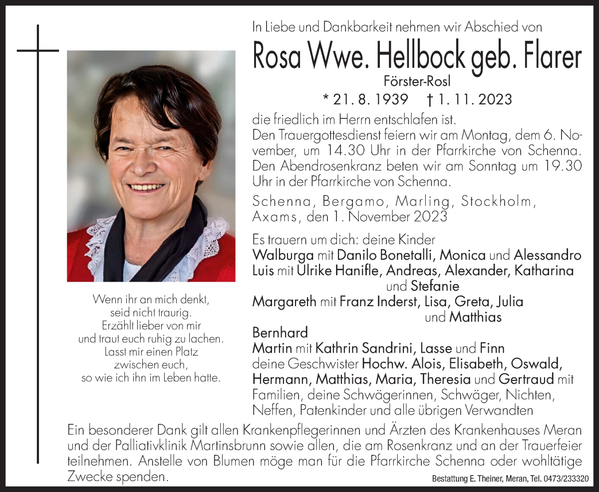  Traueranzeige für Rosa Hellbock vom 04.11.2023 aus Dolomiten