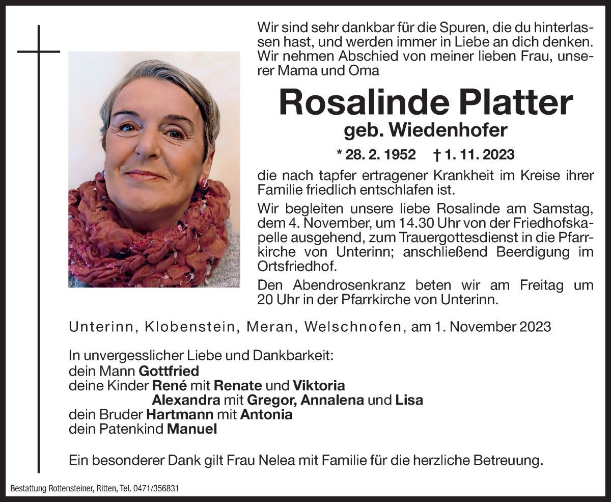 Traueranzeige für Rosalinde Platter vom 02.11.2023 aus Dolomiten