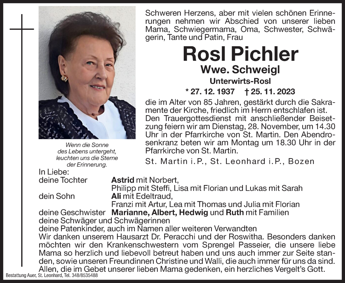  Traueranzeige für Rosl Schweigl vom 27.11.2023 aus Dolomiten