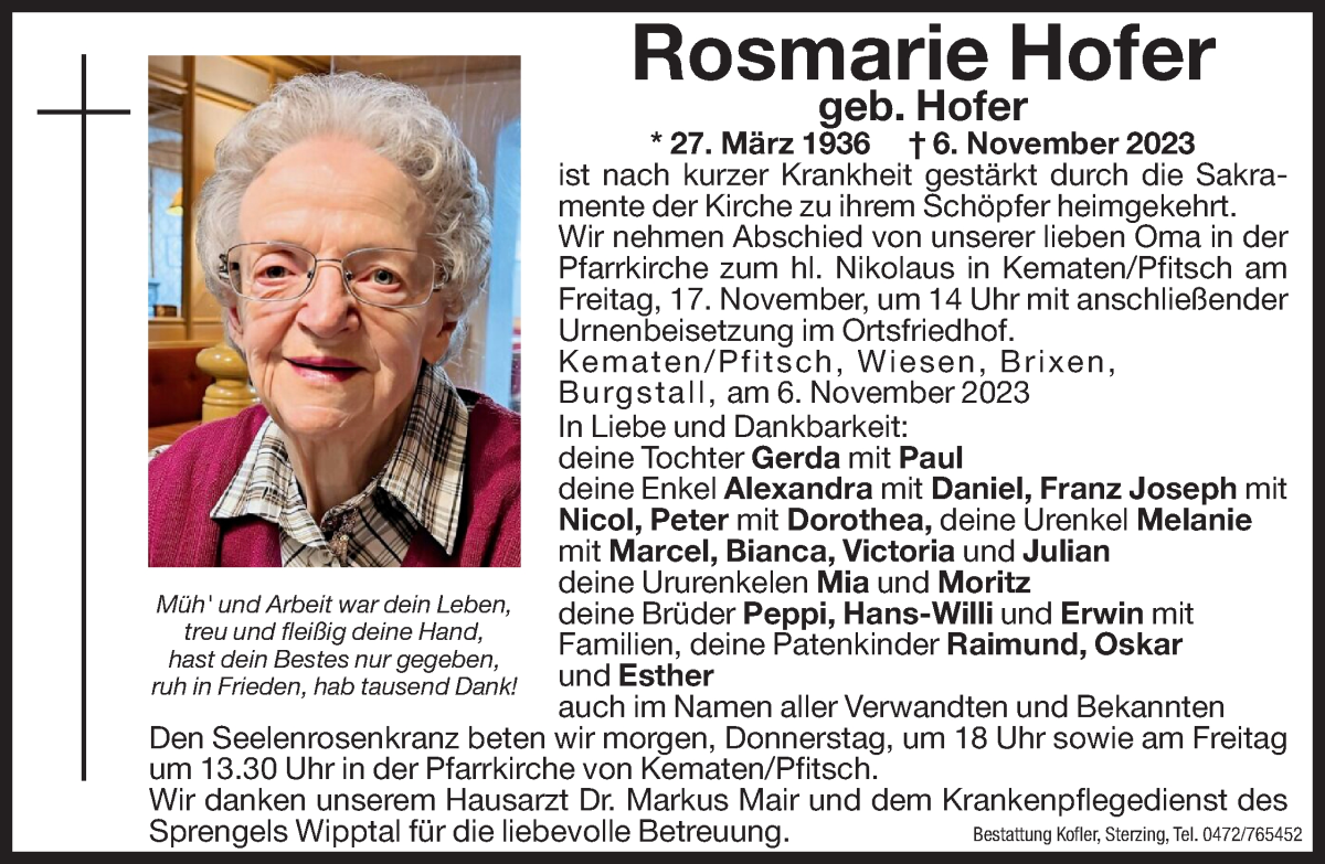  Traueranzeige für Rosmarie Hofer vom 15.11.2023 aus Dolomiten