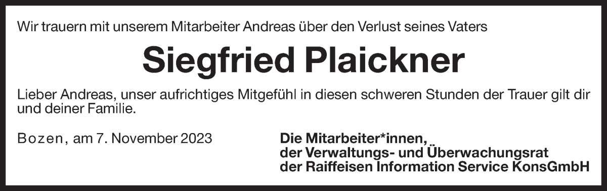  Traueranzeige für Siegfried Plaickner vom 07.11.2023 aus Dolomiten
