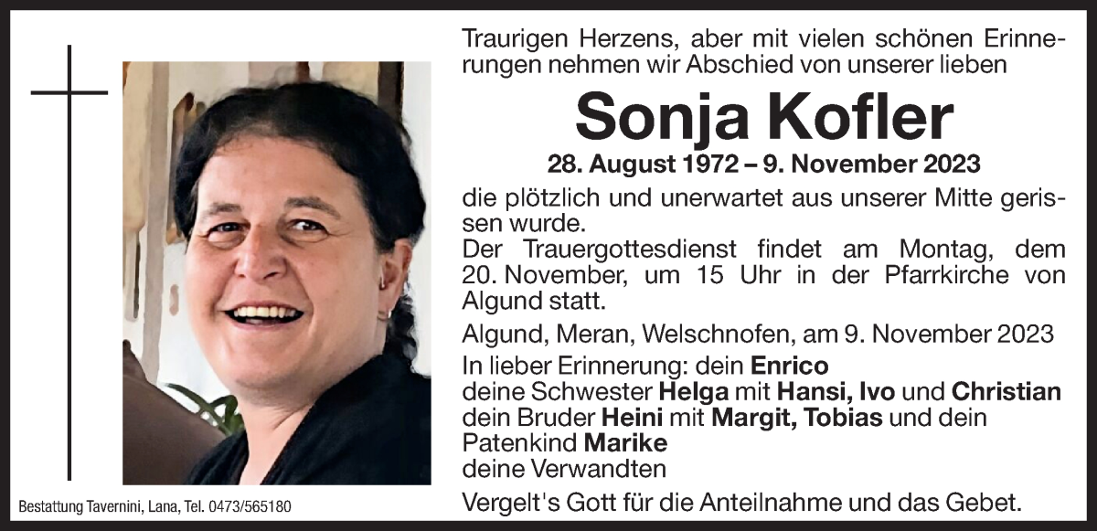  Traueranzeige für Sonja Kofler vom 17.11.2023 aus Dolomiten