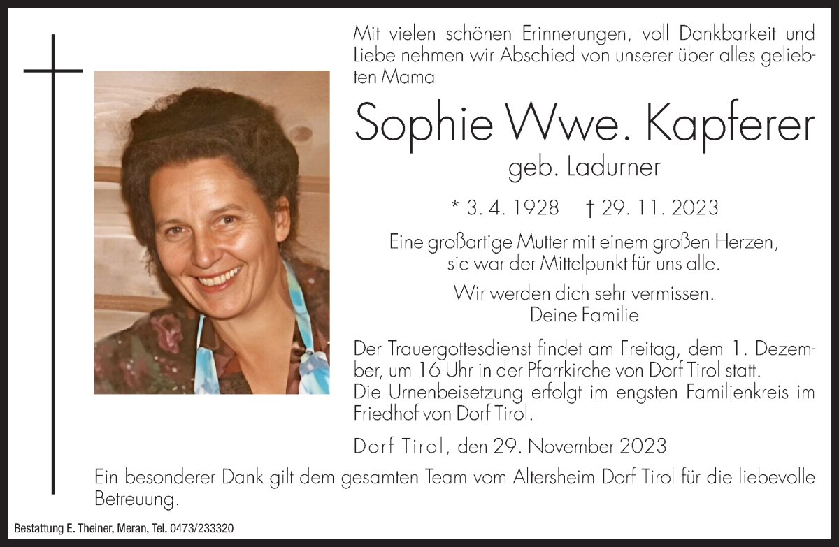 Traueranzeige für Sophie Kapferer vom 30.11.2023 aus Dolomiten