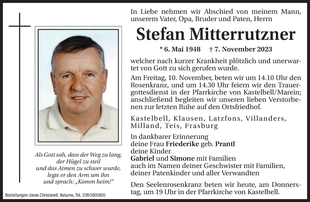 Traueranzeige für Stefan Mitterrutzner vom 09.11.2023 aus Dolomiten