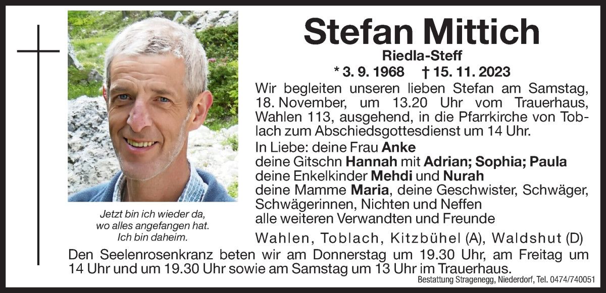  Traueranzeige für Stefan Mittich vom 16.11.2023 aus Dolomiten