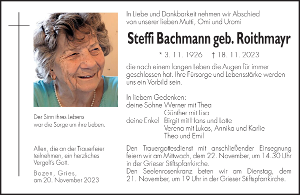 Traueranzeige von Steffi Bachmann von Dolomiten