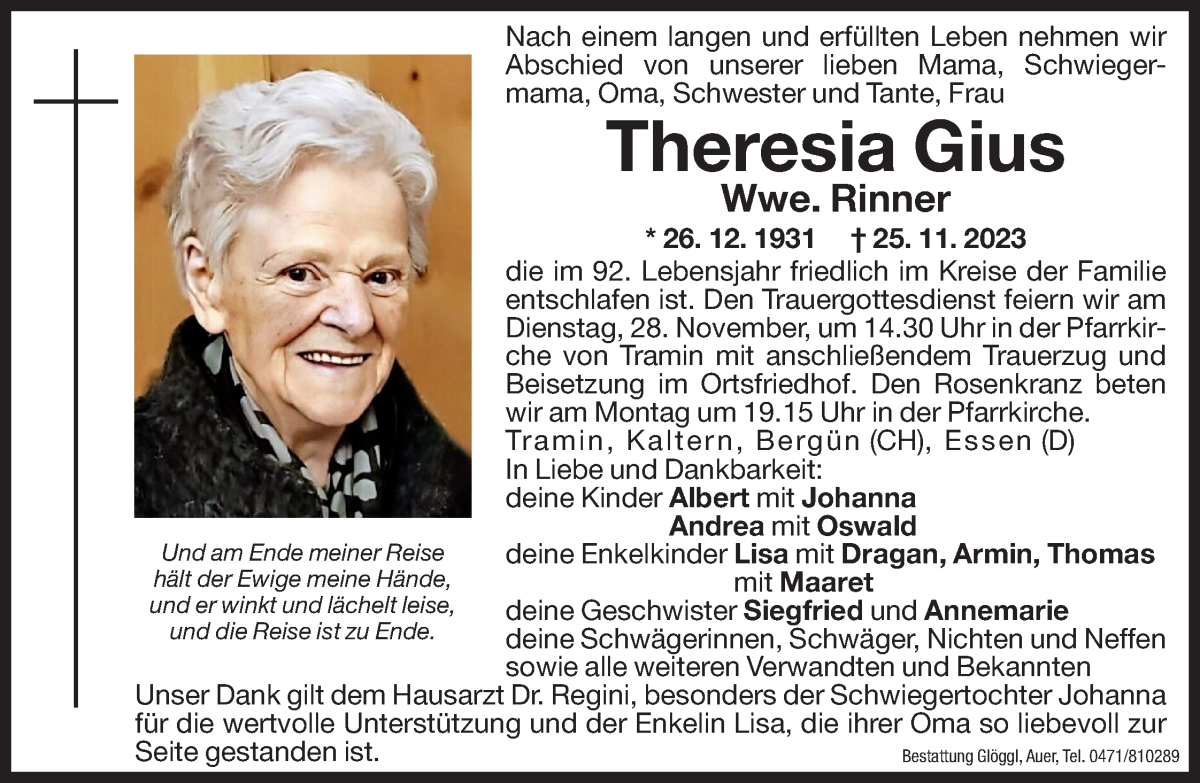  Traueranzeige für Theresia Rinner vom 27.11.2023 aus Dolomiten