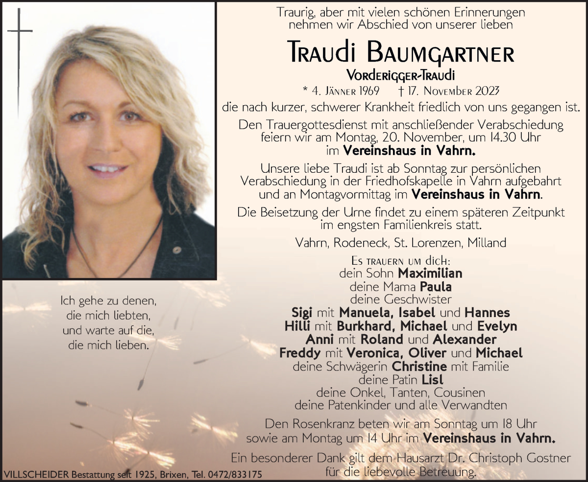  Traueranzeige für Traudi Baumgartner vom 18.11.2023 aus Dolomiten