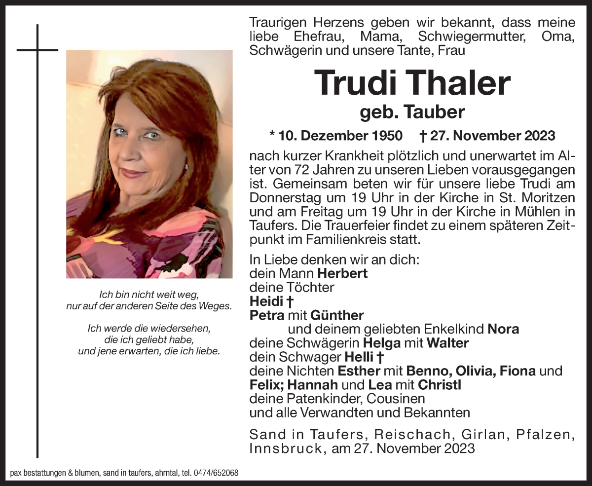  Traueranzeige für Trudi Thaler vom 29.11.2023 aus Dolomiten