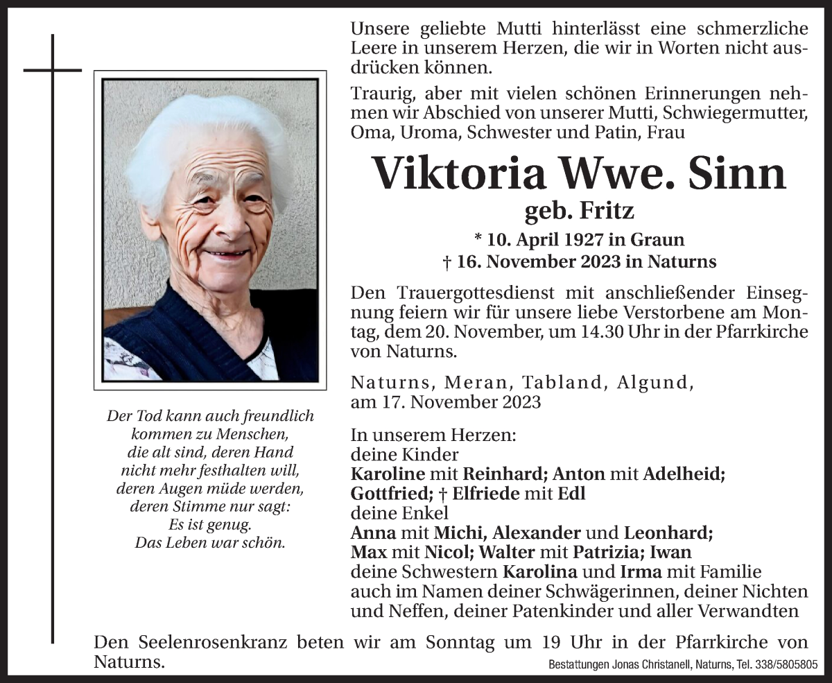 Traueranzeige für Viktoria Sinn vom 18.11.2023 aus Dolomiten