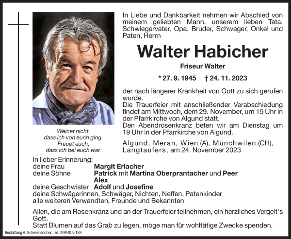Traueranzeige von Walter Habicher von Dolomiten