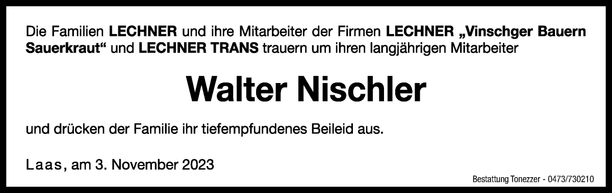  Traueranzeige für Walter Nischler vom 03.11.2023 aus Dolomiten