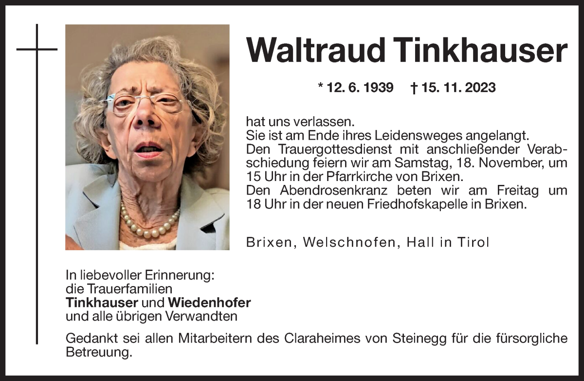  Traueranzeige für Waltraud Tinkhauser vom 16.11.2023 aus Dolomiten