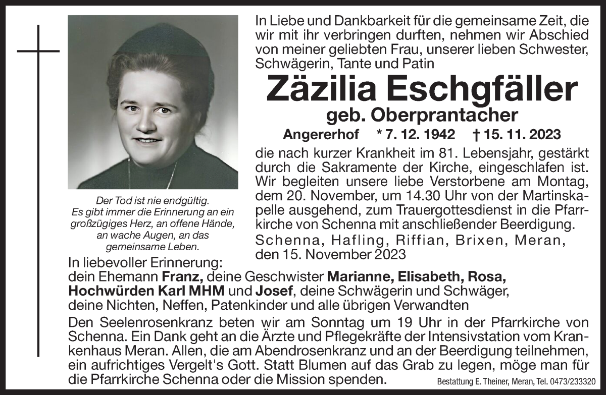  Traueranzeige für Zäzilia Eschgfäller vom 18.11.2023 aus Dolomiten
