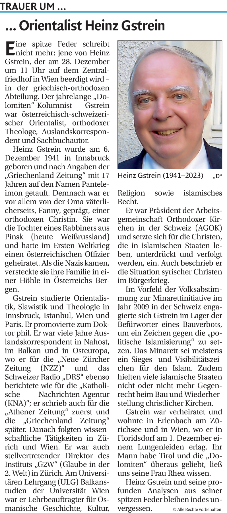  Traueranzeige für Heinz Gstrein vom 21.12.2023 aus Dolomiten