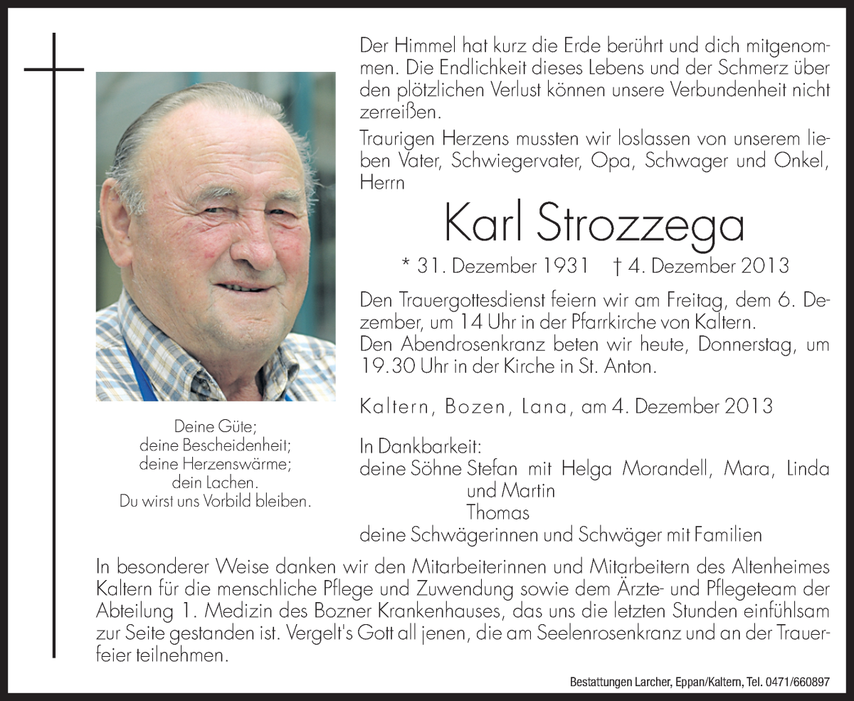  Traueranzeige für Karl Strozzega vom 05.12.2013 aus Dolomiten