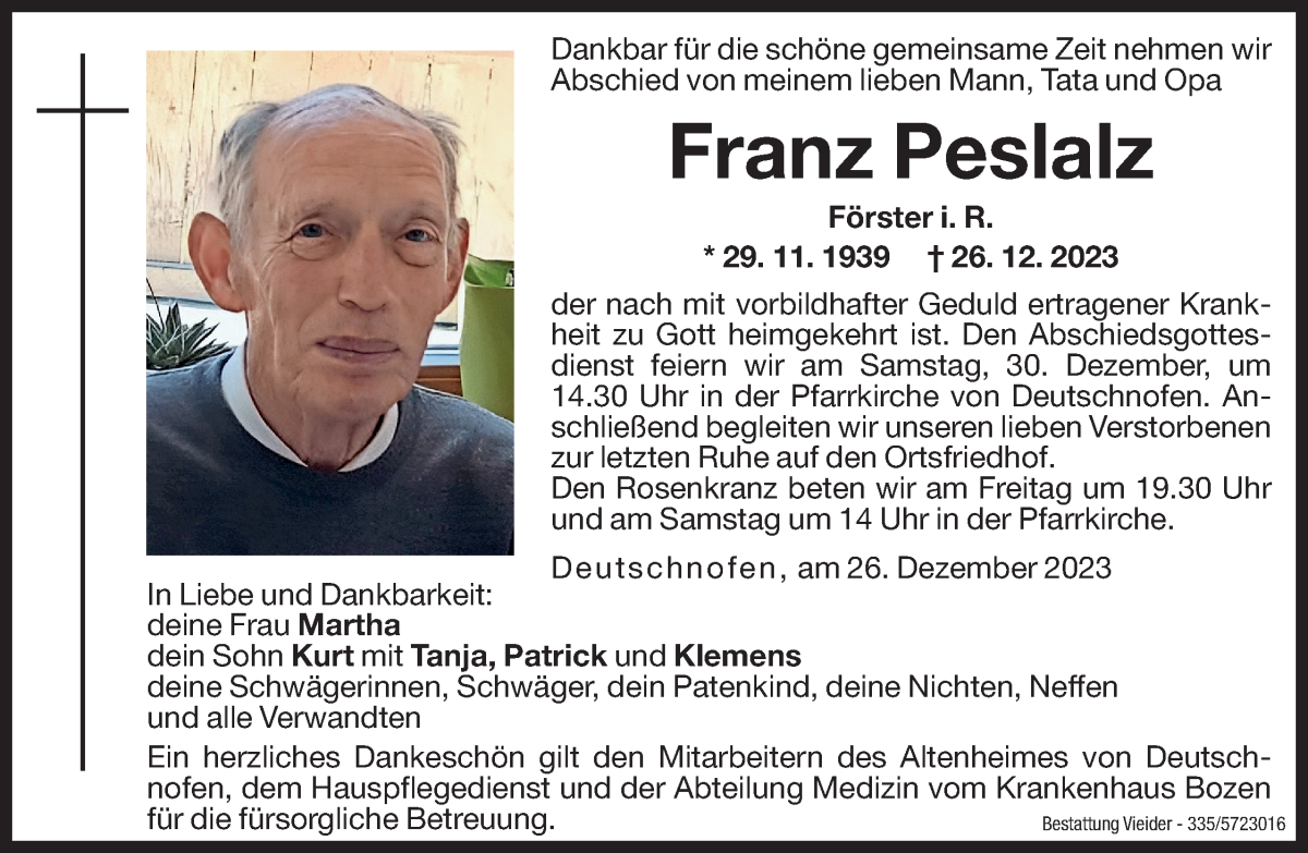  Traueranzeige für Franz Peslalz vom 28.12.2023 aus Dolomiten