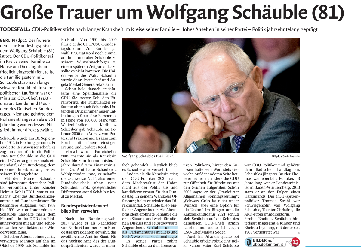  Traueranzeige für Wolfgang Schäuble vom 28.12.2023 aus 