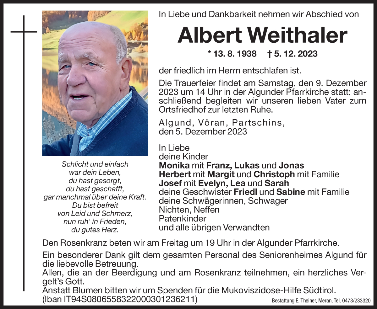  Traueranzeige für Albert Weithaler vom 07.12.2023 aus Dolomiten