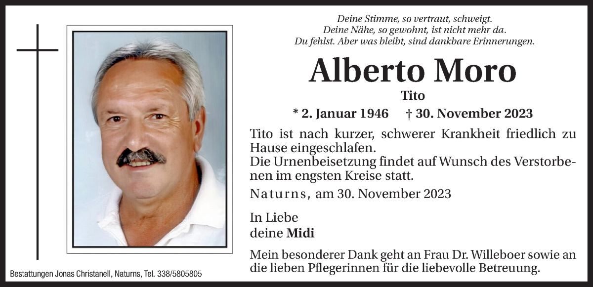  Traueranzeige für Alberto Moro vom 02.12.2023 aus Dolomiten