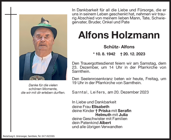 Traueranzeige von Alfons Holzmann von Dolomiten