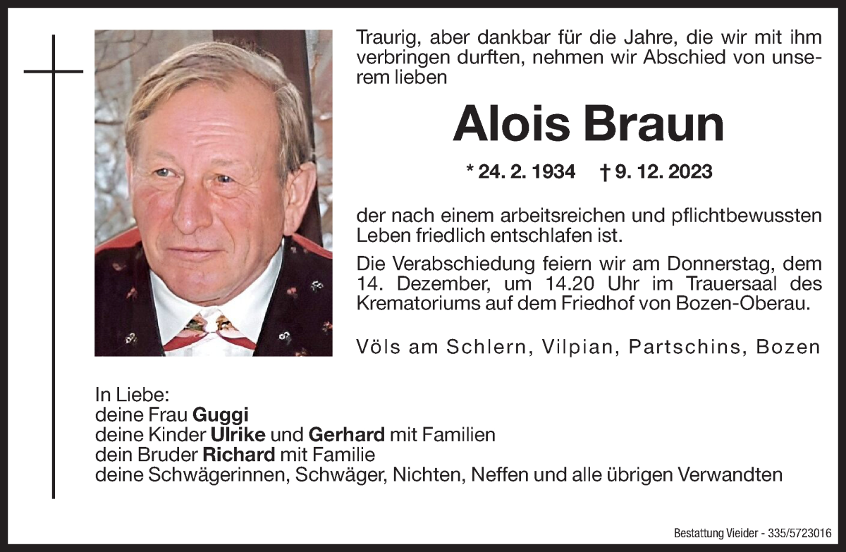  Traueranzeige für Alois Braun vom 12.12.2023 aus Dolomiten
