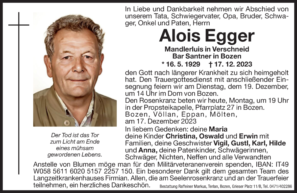  Traueranzeige für Alois Egger vom 18.12.2023 aus Dolomiten