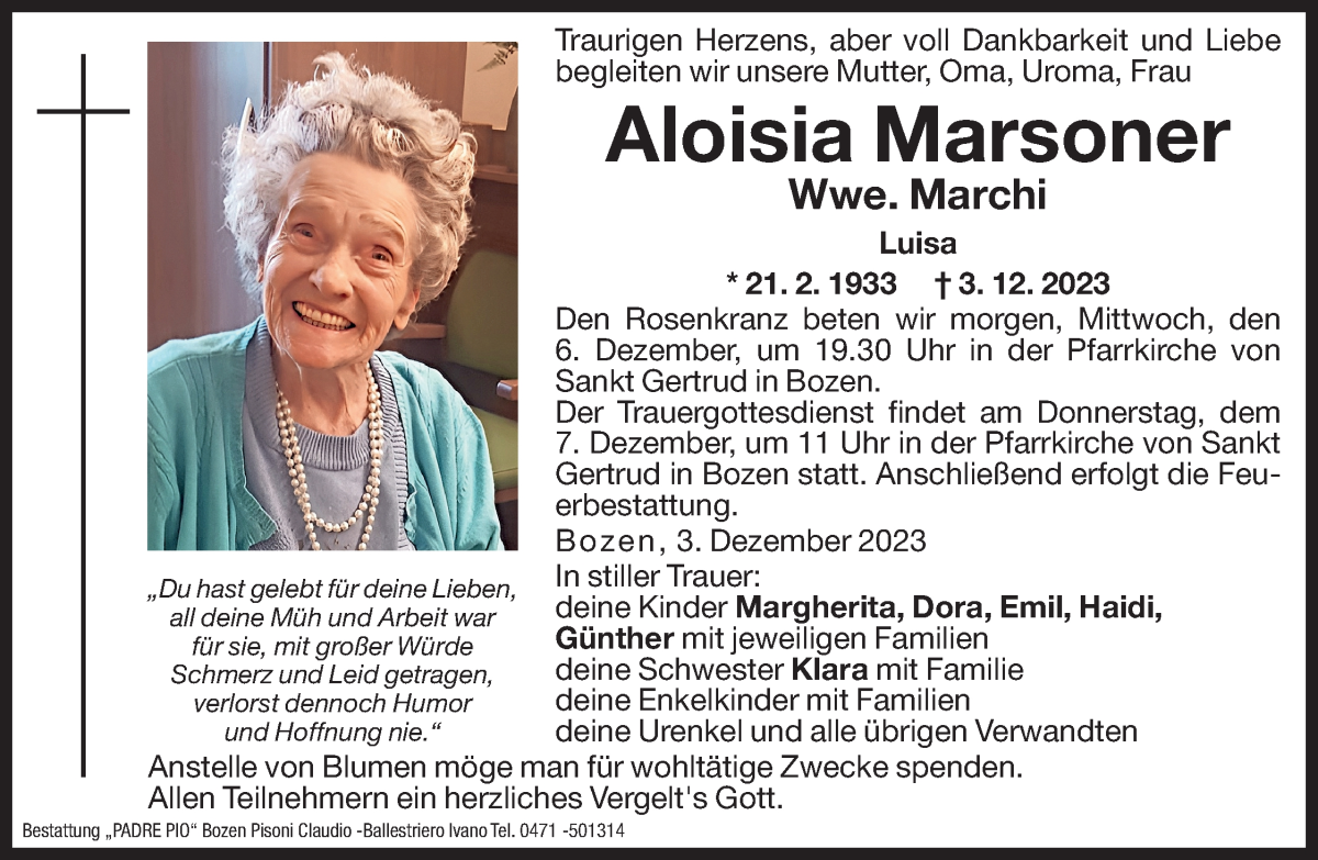  Traueranzeige für Aloisia Marchi vom 05.12.2023 aus Dolomiten