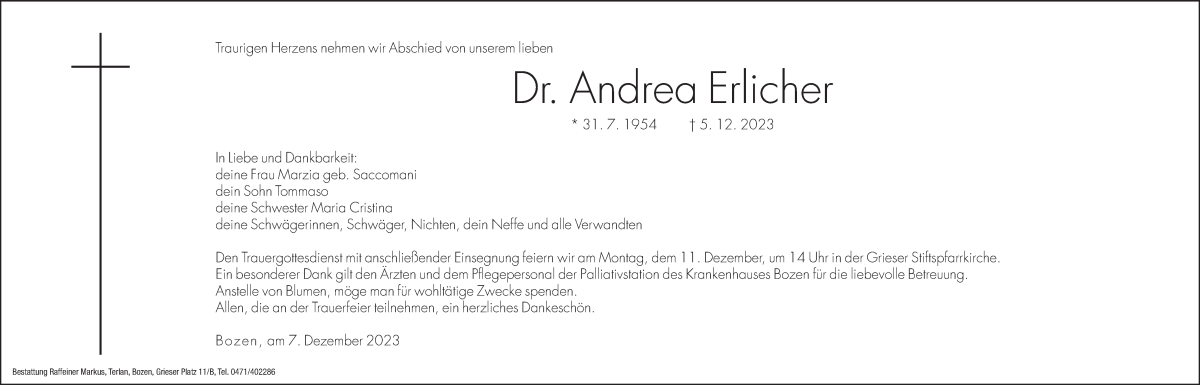  Traueranzeige für Andrea Erlicher vom 07.12.2023 aus Dolomiten