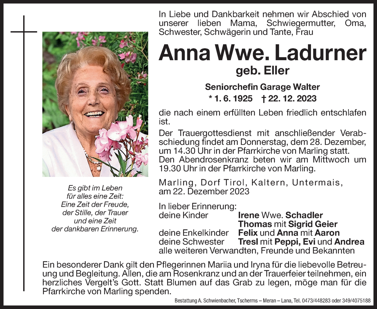  Traueranzeige für Anna Ladurner vom 23.12.2023 aus Dolomiten