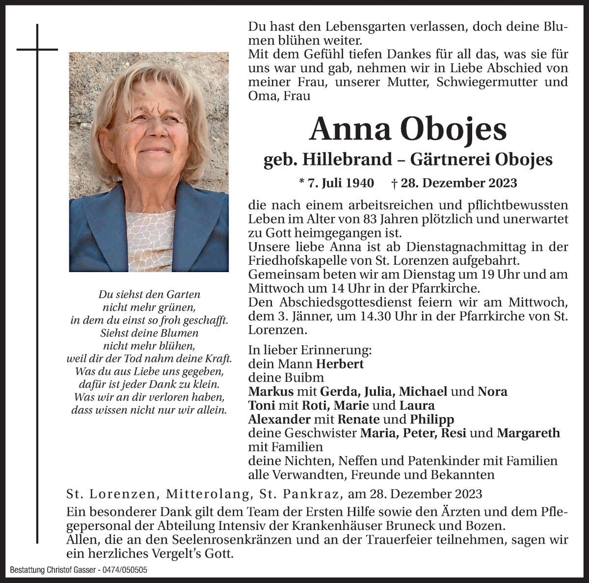 Traueranzeige für Anna Obojes vom 30.12.2023 aus Dolomiten