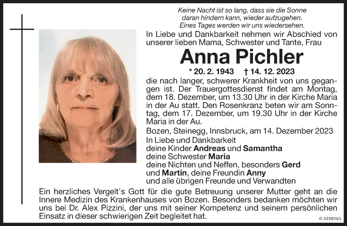  Traueranzeige für Anna Pichler vom 16.12.2023 aus Dolomiten
