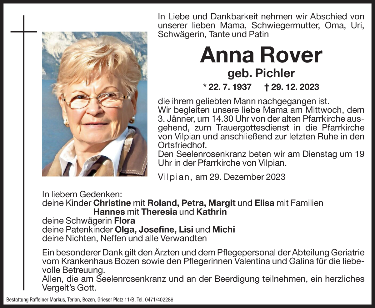  Traueranzeige für Anna Rover vom 30.12.2023 aus Dolomiten
