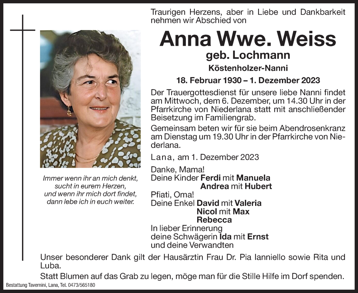  Traueranzeige für Anna Weiss vom 05.12.2023 aus Dolomiten
