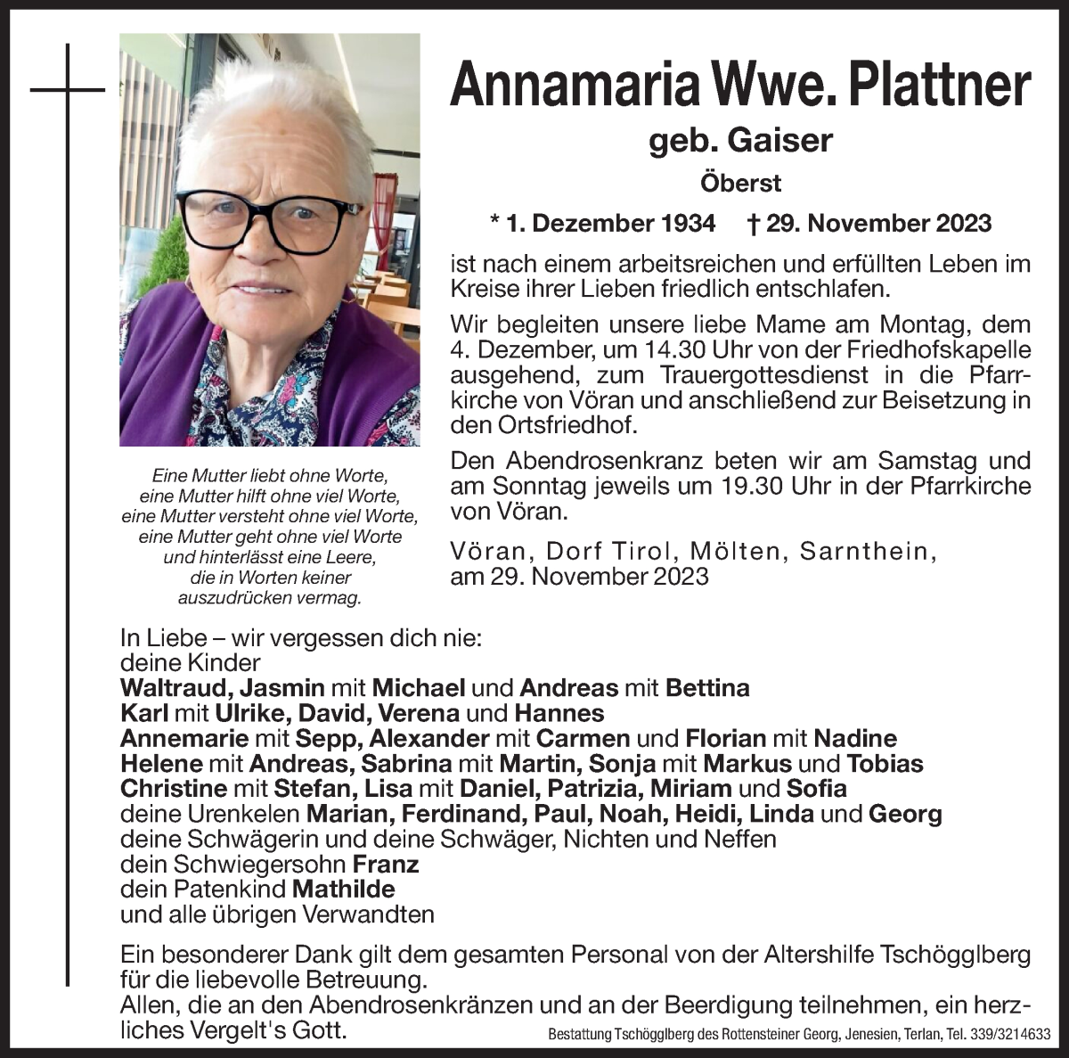  Traueranzeige für Annamaria Plattner vom 02.12.2023 aus Dolomiten