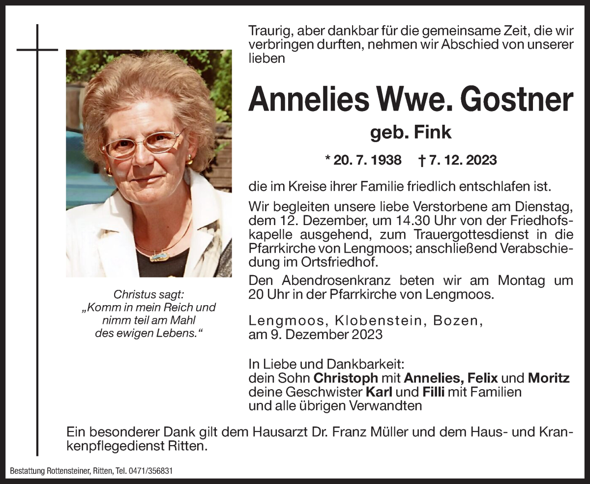  Traueranzeige für Annelies Gostner vom 09.12.2023 aus Dolomiten