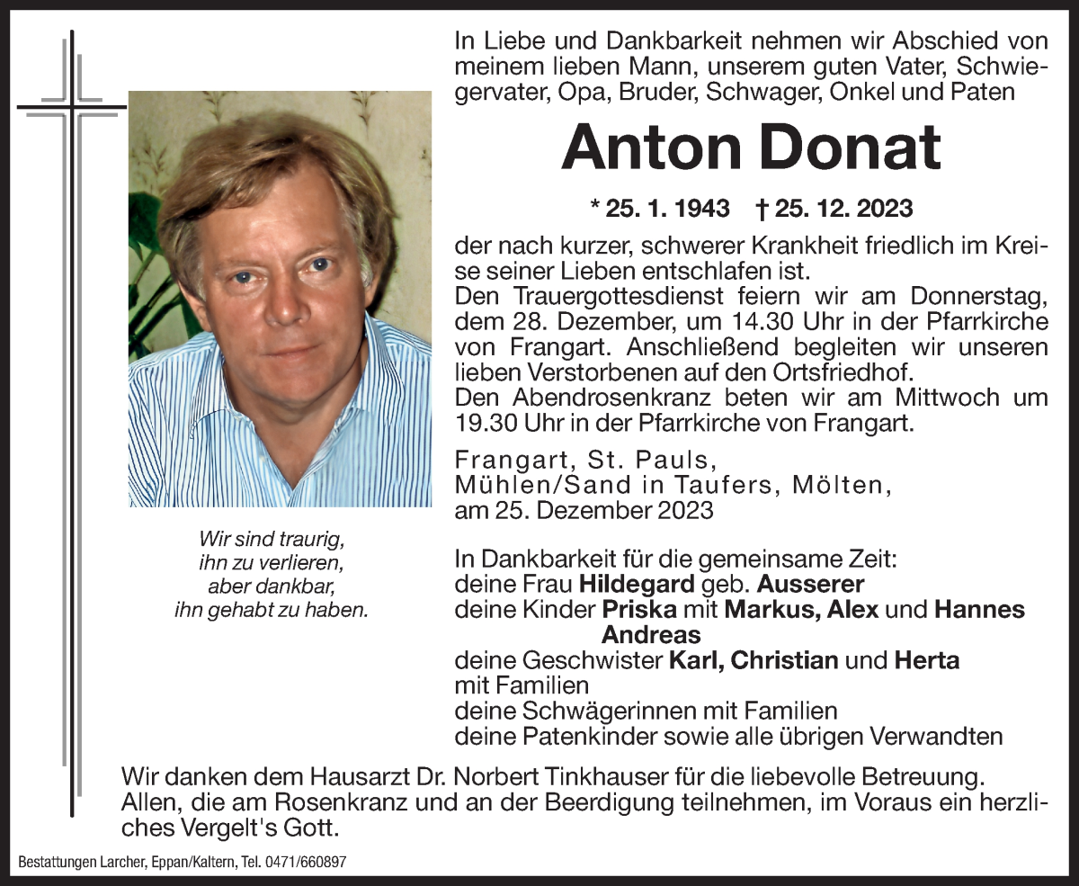  Traueranzeige für Anton Donat vom 27.12.2023 aus Dolomiten