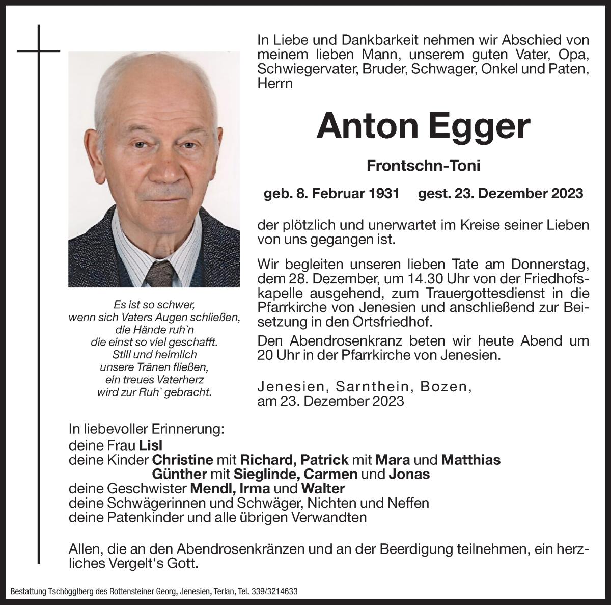  Traueranzeige für Anton Egger vom 27.12.2023 aus Dolomiten