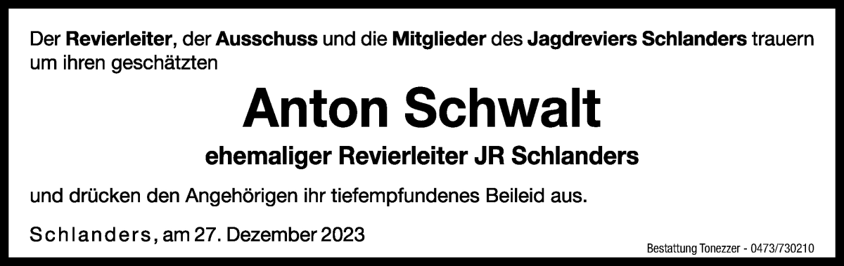  Traueranzeige für Anton Schwalt vom 27.12.2023 aus Dolomiten