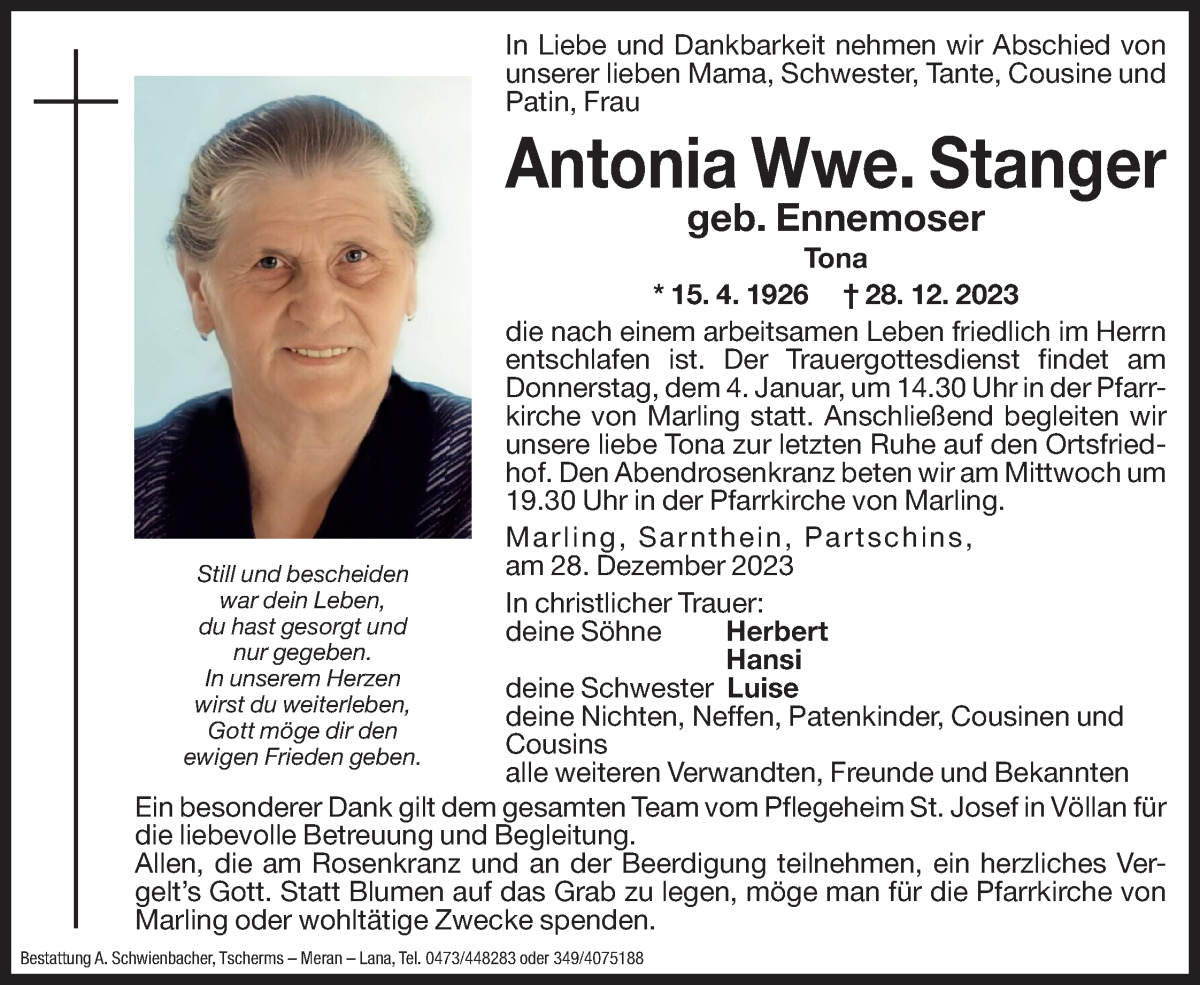  Traueranzeige für Antonia Stanger vom 30.12.2023 aus Dolomiten