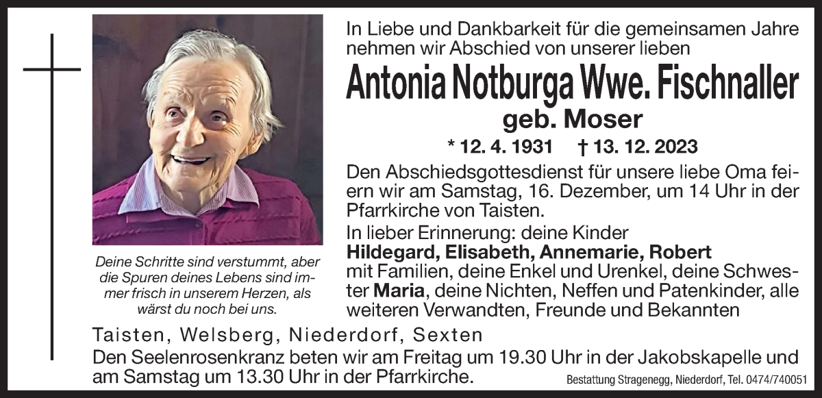  Traueranzeige für Antonia Notburga Fischnaller vom 15.12.2023 aus Dolomiten