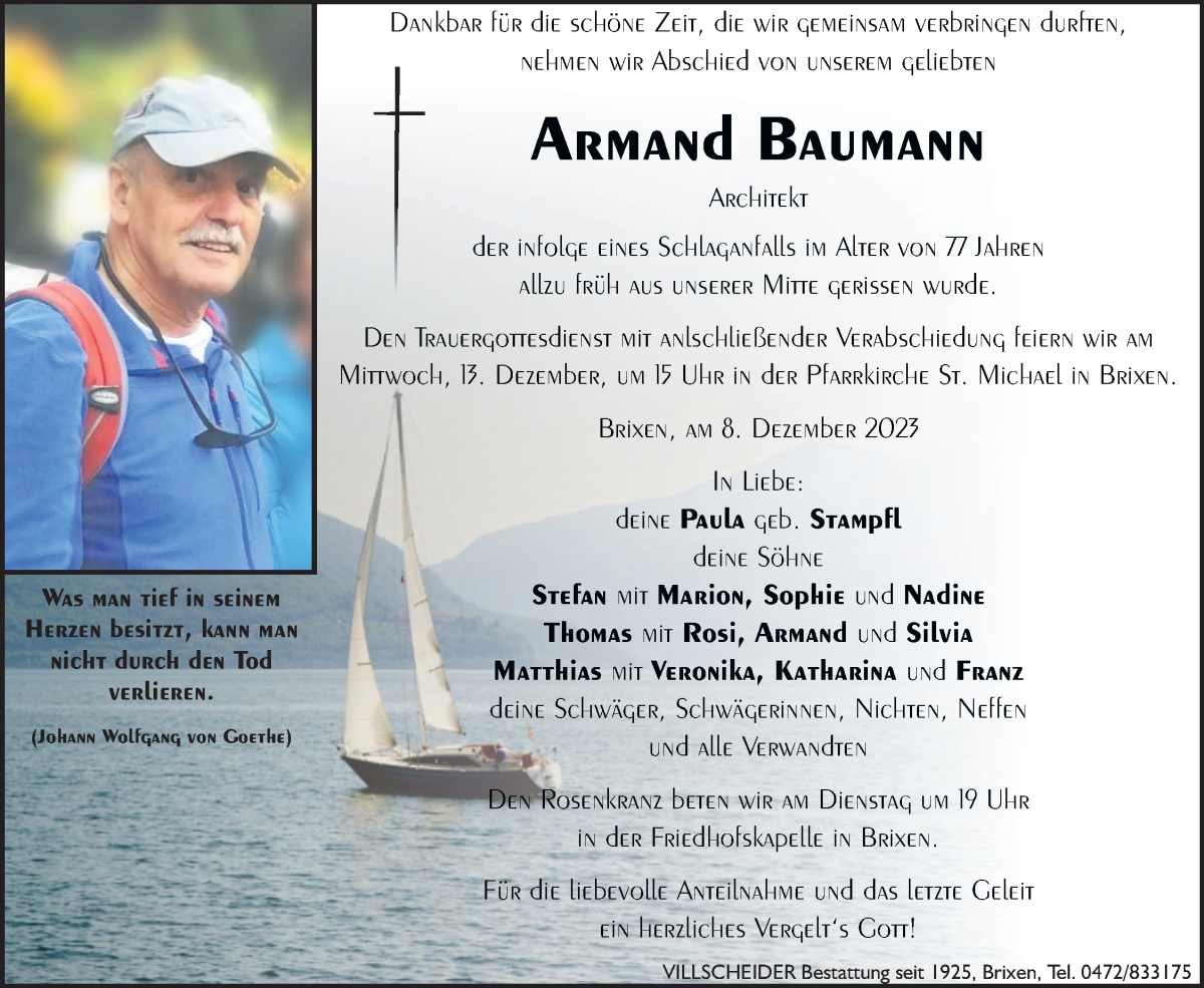  Traueranzeige für Armand Baumann vom 11.12.2023 aus Dolomiten