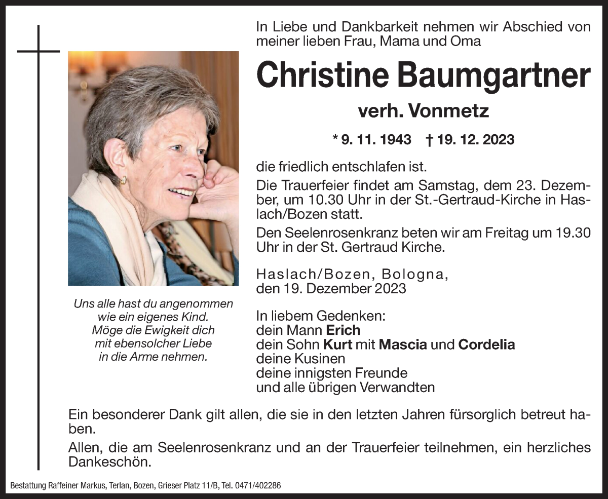  Traueranzeige für Christine Vonmetz vom 21.12.2023 aus Dolomiten