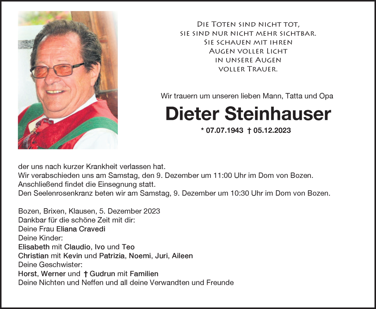  Traueranzeige für Dieter Steinhauser vom 07.12.2023 aus Dolomiten