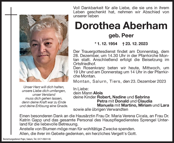Traueranzeige von Dorothea Aberham von Dolomiten